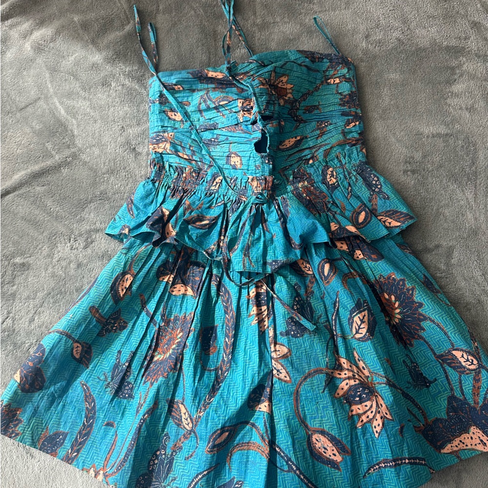 Ulla Johnson Turquoise and Navy Botanical Print Dress